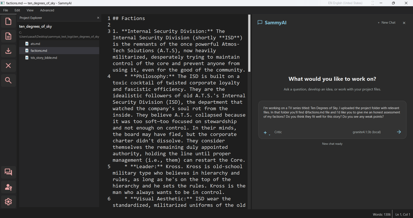 SammyAI chat workspace ready for a new creative conversation