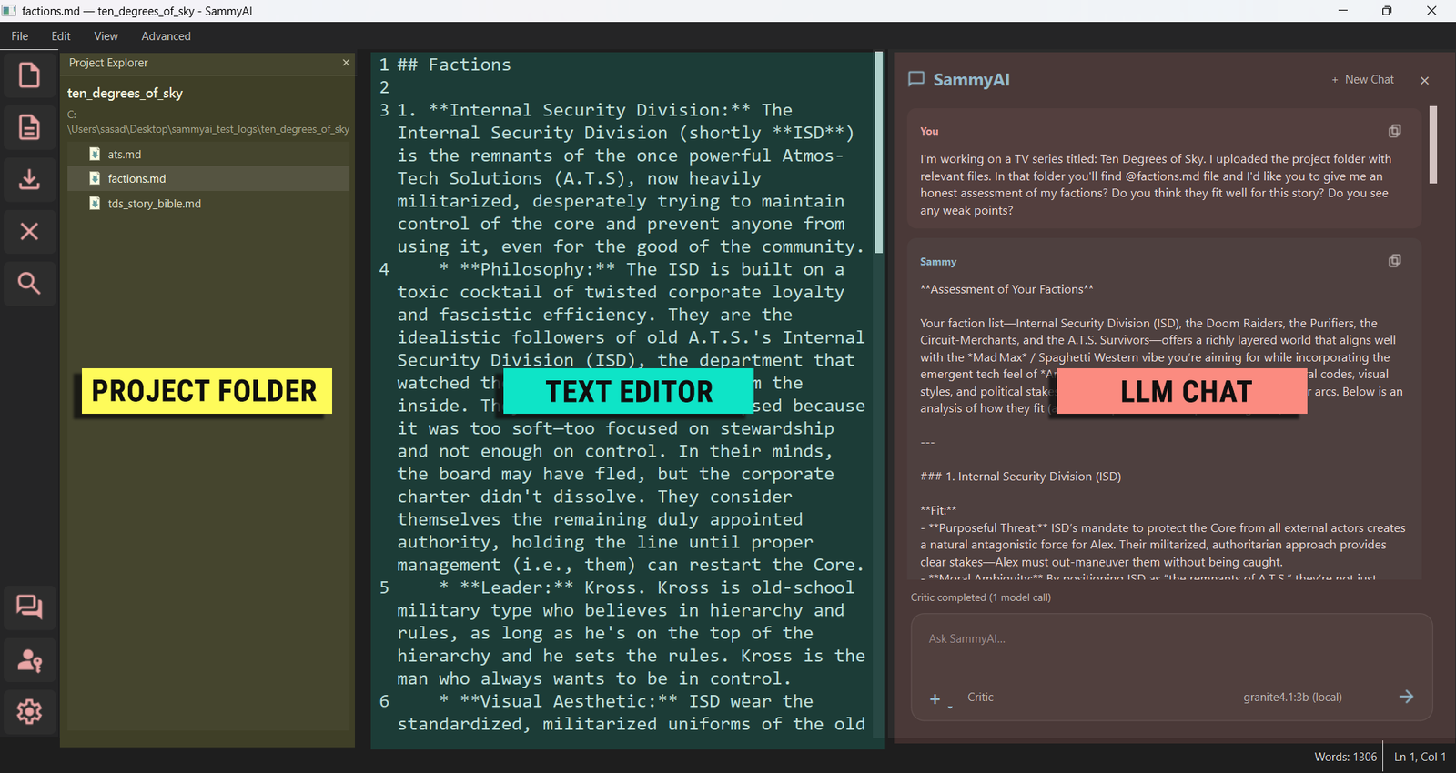 SammyAI workspace with Project Explorer, text editor, and LLM chat visible side by side